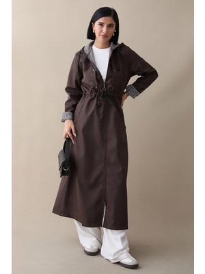 inStyle Çakımlı Çizgili Desen Uzun Acı Kahve Trençkot