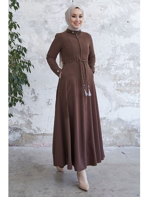 inStyle Sivya Yakası Düğme Kuşağı Örmeli Kahverengi Ferace