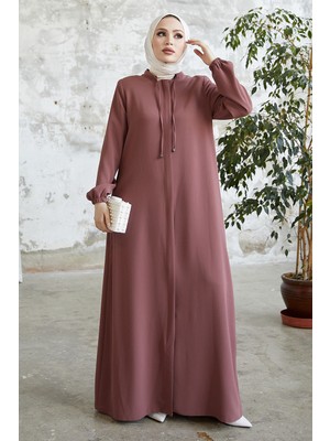 inStyle Yakası Bağcıklı Gizli Patlı Gül Kurusu Ferace