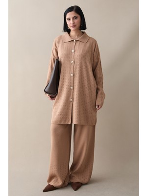 inStyle Düğmeli Üçlü Camel Triko Takım