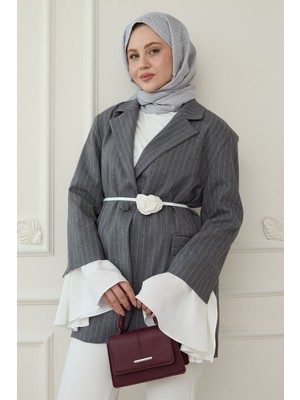 inStyle Çizgili Kolları Volanlı Antrasit Blazer Ceket