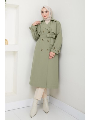inStyle Kadın Mint Yeşili Taşlı Toka Detaylı Astarlı Keten Trençkot Şık ve Rahat Tasarım