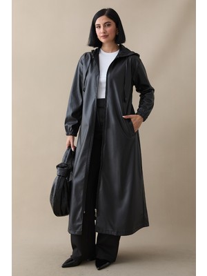 inStyle Kapüşonlu Uzun Deri Siyah Kap
