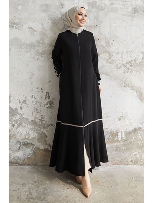 inStyle Hazel Şerit Desen Ribanalı Siyah Ferace