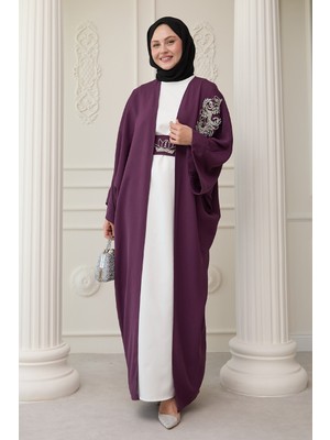 inStyle Yakası Taşlı Yarasa Kol Elbiseli Abaya Mor