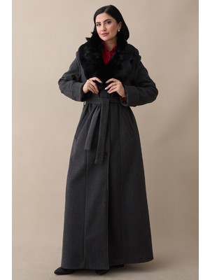 inStyle Yakası Kürklü Astarlı Kuşaklı Gri Kaşe Kaban