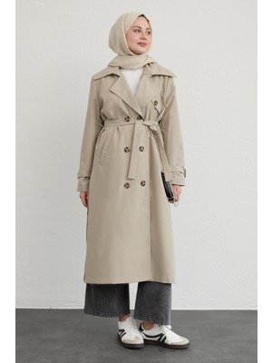 inStyle Krem Çapraz Cep Detaylı Trençkot Kadınlar için Keten Malzemeden Üretilmiştir