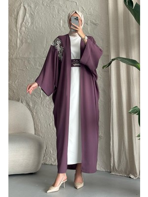 inStyle Yakası Taşlı Yarasa Kol Elbiseli Abaya Gül Kurusu