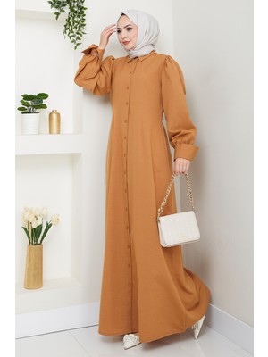 inStyle Boydan Düğmeli Trikoton Camel Elbise