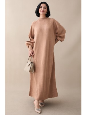 inStyle Uzun Balon Kol Camel Triko Elbise