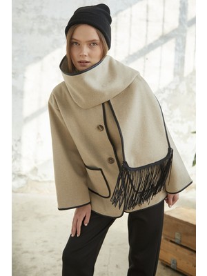 inStyle Deri Biye Detaylı Atkılı Kaşe Kaban - Bej