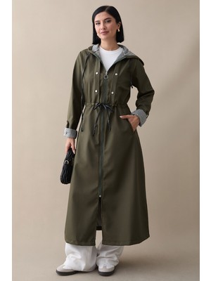 inStyle Çakımlı Çizgili Desen Uzun Haki Trençkot