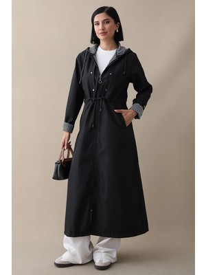 inStyle Çakımlı Çizgili Desen Uzun Siyah Trençkot