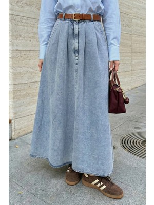 inStyle Çift Cep Kloş Mavi Kot Etek