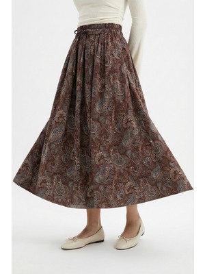 inStyle Şal Desen Astarlı Kahverengi Etek