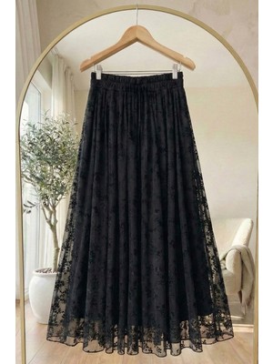 inStyle Çiçekli Flok Tül Astarlı Siyah Etek