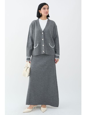 inStyle Dikiş Detay Etekli Antrasit Triko Takım