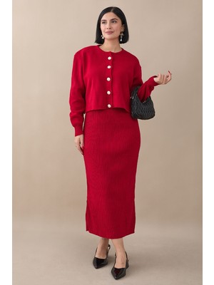 inStyle Hırkalı Fitilli Ikili Kırmızı Triko Takım