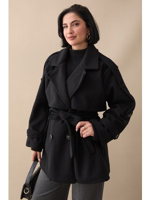 inStyle Oversize Kaşe Kumaş Astarsız Siyah Kısa Kaban