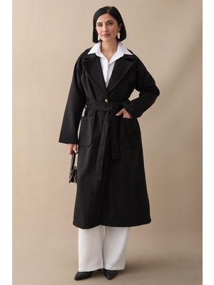 inStyle Çift Düğmeli Astarsız Cepli Kuşaklı Siyah Kaşe Kaban