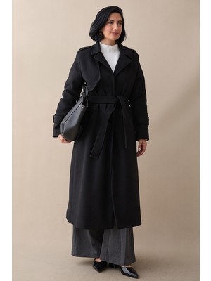 inStyle Tek Kapaklı Cepli Kuşaklı Siyah Kaşe Kaban