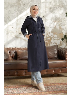 inStyle Çakımlı Çizgili Desen Uzun Lacivert Trençkot