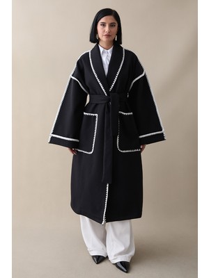 inStyle Çoban Dikiş Kuşaklı Siyah Kaşe Kaban