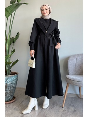 inStyle Bolerolu Kemerli Siyah Trençkot Su İtici Özellikte Kanvas Kumaş ile Kadın Modasına Uygun