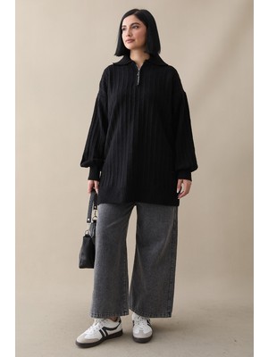 inStyle Fermuarlı Peluş Siyah Triko Kazak