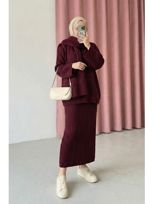 inStyle Saç Örgülü Triko Bordo Atkılı Takım