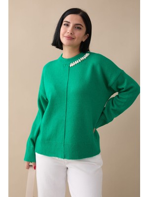 inStyle Deniz Kabuğu Taşlı Zümrüt Yeşili Triko Kazak