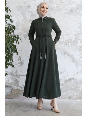 inStyle Sivya Yakası Düğme Kuşağı Örmeli Haki Ferace