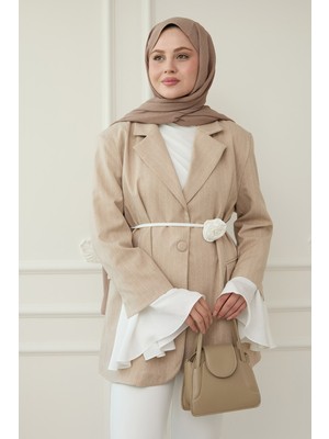 inStyle Çizgili Kolları Volanlı Bej Blazer Ceket
