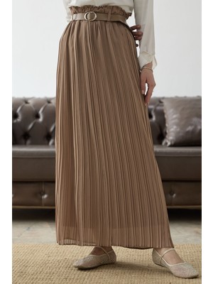 inStyle Kemerli Beli Büzgü Şifon Etek - Camel