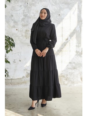 inStyle Kuşaklı Eteği Büzgü Siyah Ferace