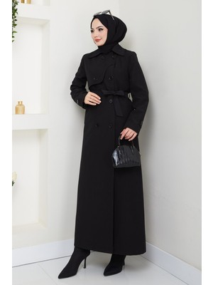 inStyle Kapak Detaylı Uzun Astarlı Siyah Trençkot Keten Kumaşlı Şık ve Fonksiyonel Kadın Giyim