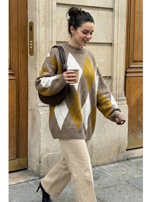 inStyle Baklava Desen Yarım Balıkçı Yaka Sütlü Kahve Triko Kazak