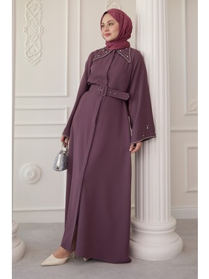 inStyle Üçgen Yaka Taşlı Gül Abaya