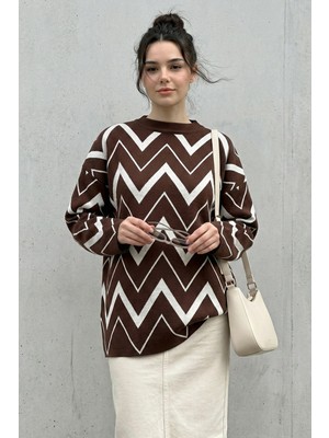 inStyle Zikzak Desenli Acı Kahve Triko Kazak