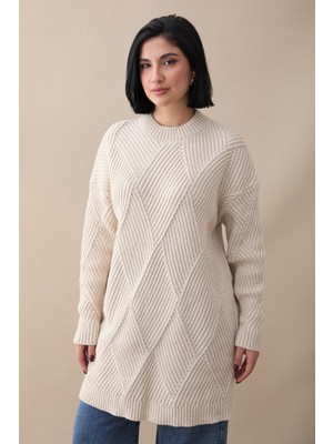 inStyle Kabartma Çizgili Desen Bej Triko Tunik