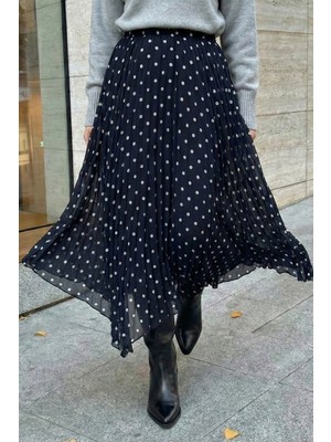 inStyle Puantiye Desen Asimetrik Lacivert Kırışık Şifon Etek