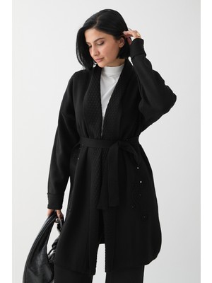 inStyle Yakası Desenli Nakışlı Siyah Triko Ceket