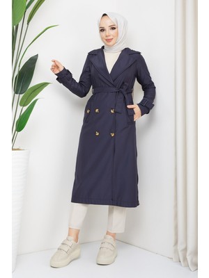 inStyle Kruvaze Yaka Kuşaklı Astarlı Lacivert Trençkot