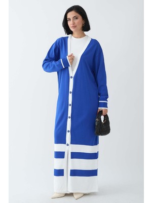 inStyle Şerit Detay Uzun Saks Mavisi Triko Hırka