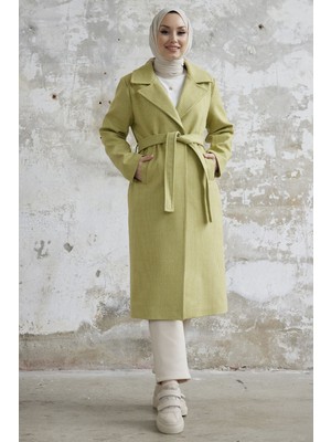 inStyle Simon Çizgili Desen Kuşaklı Kaşe Kaban - Fıstık Yeşili