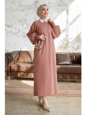 inStyle Mina Balon Kol Triko Elbise - Gül Kurusu