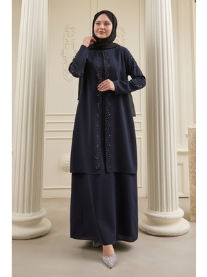 inStyle Incili Parça Detay Koyu Lacivert Abaya