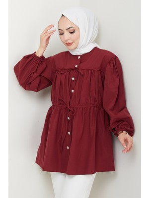 inStyle Taş Düğmeli Büzgülü Bordo Gömlek