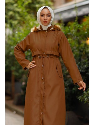 inStyle Tam Boy Kürklü 9020 Uzun Kaban - Taba