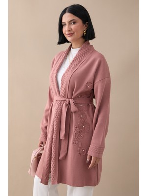 inStyle Yakası Desenli Nakışlı Gül Kurusu Triko Ceket